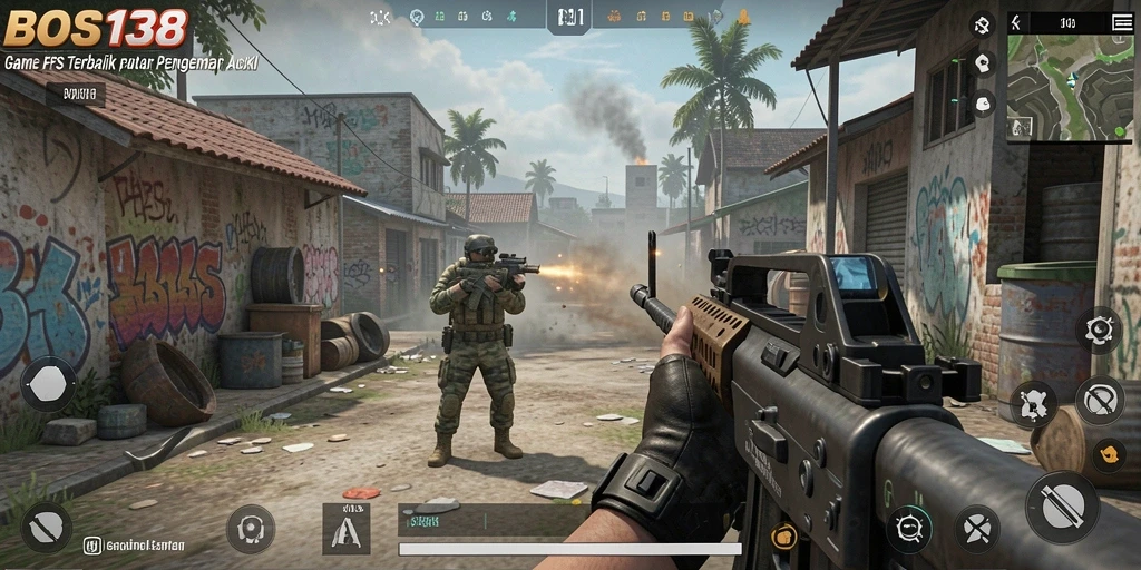 Screenshot utama BOS138 menampilkan aksi mendebarkan dalam gameplay FPS.