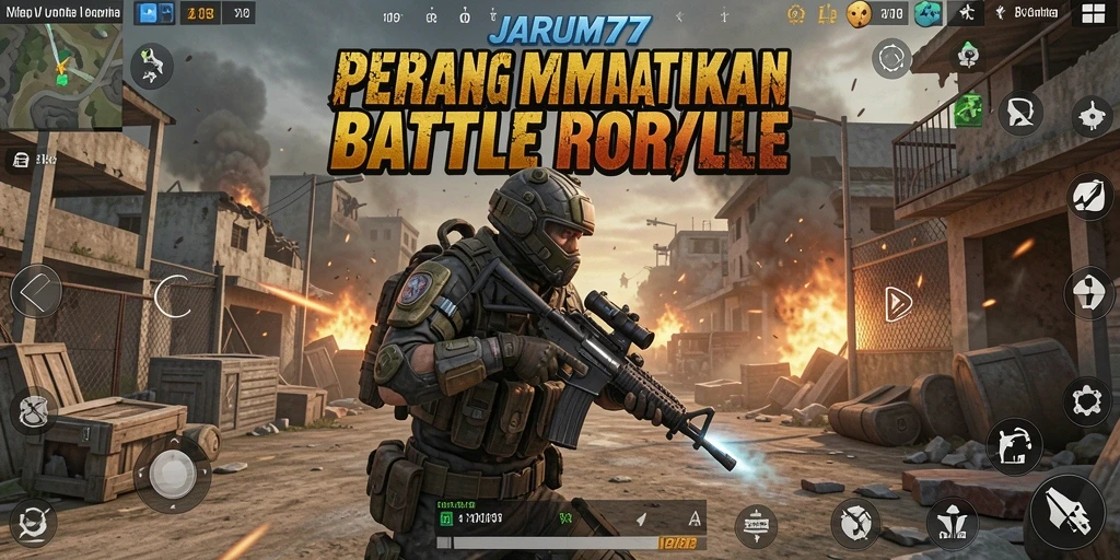 Tampilan gameplay intens di JARUM77 dengan aksi Battle Royale yang menegangkan.