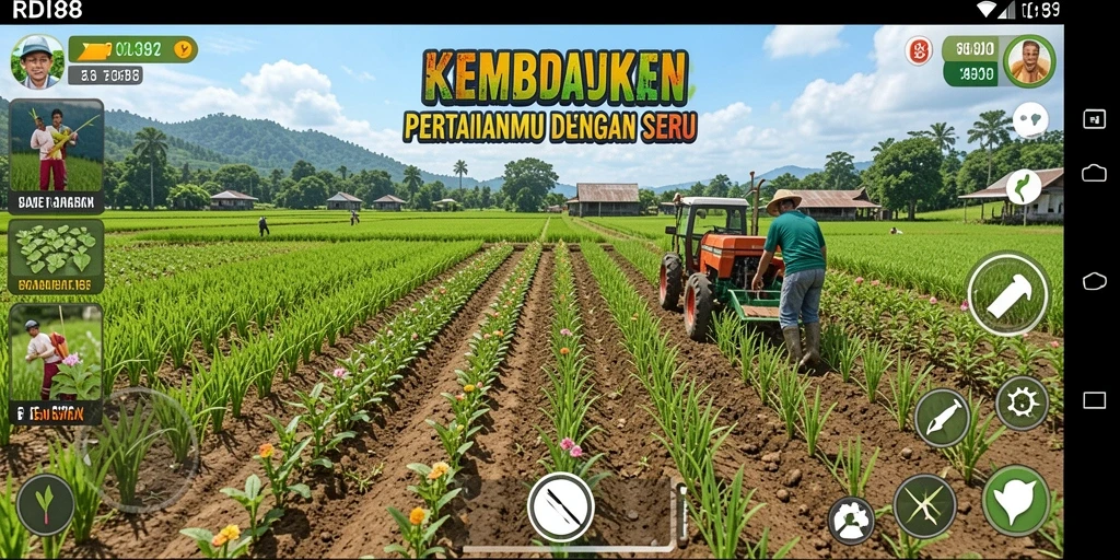 Tangkapan layar gameplay RDI88 menunjukkan ladang yang subur dan beragam tanaman.